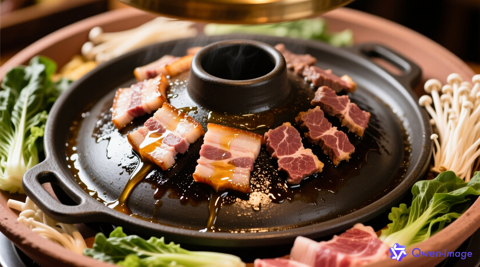 凸面烙锅上五花肉在中间滋滋冒油,蔬菜铺在边缘低温区